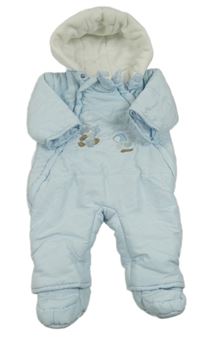 Světlemodrá šusťáková zimní kombinéza s tučňáčky a kapucí + capáčky campus