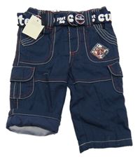 Nové - tmavomodré kostkované cargo plátěné podšité kalhoty s nášivkou a páskem George