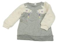 Šedá melírovaná mikina s lamami a smetanovými chlupatými rukávy GAP