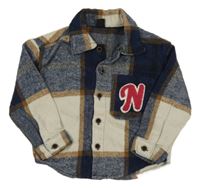 Tmavomodro-hnědo-světlebéžová kostkovaná košilová bunda s písmenkem SHEIN