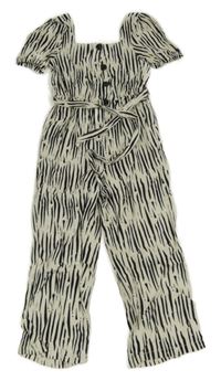 Smetanovo-černý vzorovaný lněný kalhotový overal s páskem F&F