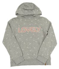 Šedá melírovaná mikina s nápisem a koníky a kapsou a kapucí YIGGA