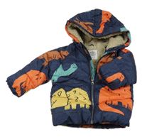 Tmavomodrá melírovaná prošívaná šusťáková přechodová bunda s dinosaury a kapucí F&F