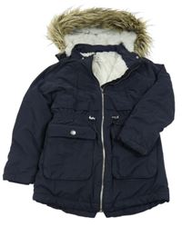 Tmavomodrá šusťáková zimní parka s odepínací kapucí s kožešinou H&M