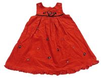 Červené manšestrové šaty s pejsky a srdíčky a mašlí a volánkem