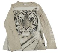 Béžové melírované triko s tygrem a nápisem H&M