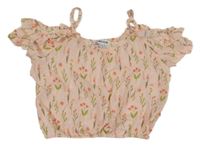 Světlerůžová crop halenka s kytičkami a volánky a volnými rameny MANGUUN