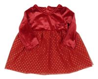 Červené sametovo/tylové šaty se zlatými puntíky a mašlí C&A