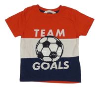 Červeno-bílo-tmavomodré tričko s míčem z flitrů a nápisy H&M