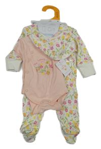 Nové - 3Set - Bílý overal s kytičkami a ovocem + bryndák + broskvové body se včelkou PRIMARK