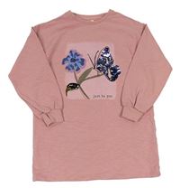 Růžové teplákové šaty s kytičkou a motýlem s flitry Next