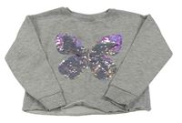 Šedá melírovaná crop mikina s motýlem z překlápěcích flitrů zn. Matalan