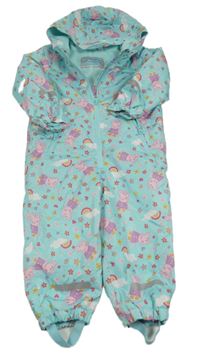 Světlemodrá květovaná šusťáková zateplená kombinéza s Peppou a kapucí