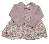 Starorůžovo-bílé svetrovo/lehké šaty s květy a límečkem Primark