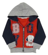 Červeno-tmavomodro-šedá propínací mikina se psem a kapucí