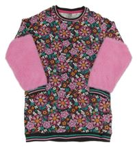 Antracitovo-růžové teplákovo/chlupaté šaty s květy