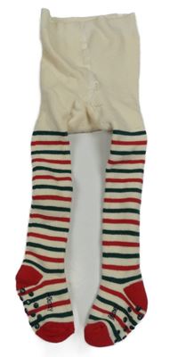 Krémovo-zeleno-červené pruhované thermo punčocháče s Donaldem Disney