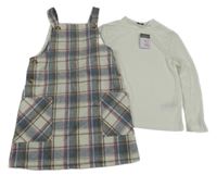 Nové - 2set - smetanovo-šedo-modré kostkované vlněné laclové šaty + smetanové žebrované triko Primark