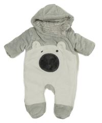 Bílo-šedá chlupatá zateplená kombinéza s medvědem a kapucí F&F