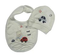 2set - Smetanová bavlněná čepice s autem a hvězdami + slinták s medvědy a auty