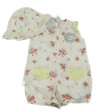 Nové - 2set - Bílý květovaný kraťasový overal s volánky + klobouk Next