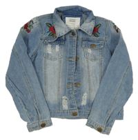 Modrá riflová bunda s výšivkami květin a prošoupáním