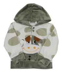 Bílo-khaki vzorovaná plyšová mikina s krávou a kapucí