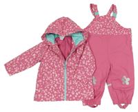 2set - Růžová květovaná nepromokavá jarní bunda s kapucí + laclové kalhoty C&A