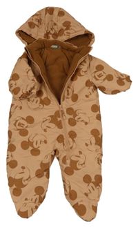 Hnědá šusťáková zimní kombinéza s Mickeym a kapucí Disney