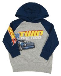 Šedo-petrolejová mikina s autem a kapucí - HotWheels