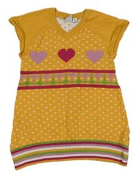 Hořčicovo-růžovo-zelené vzorované svetrové šaty se srdíčky 