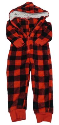 Červeno-černá kostkovaná plyšová kombinéza s kapucí Peacocks