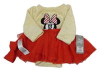 Nové - Béžovo-červené sametové šaty s Minnie a tylovou sukní a všitým body Disney