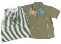 2set - Khaki košile s orlem + pruhované tílko