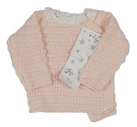 Nové - Světlerůžový propínací svetr s madeirovým volánkem