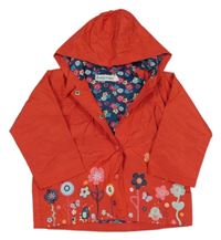 Červená šusťáková jarní bunda s kytičkami a kapucí 
