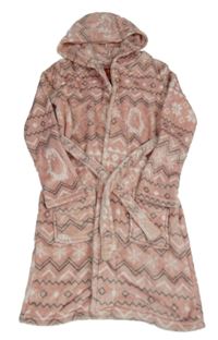 Světlerůžový chlupatý župan se vzorem a kapucí 