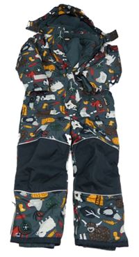 Šedá šusťáková zimní kombinéza se zvířátky s odepínací kapucí 