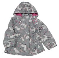 Šedá šusťáková jarní parka s jednorožci a kapucí Topomini 