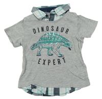 Šedé tričko s kostkovanou košilovou vsadkou a dinosaurem C&A