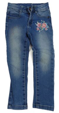 Modré skinny teplákové rifle s růžemi PUSBLU