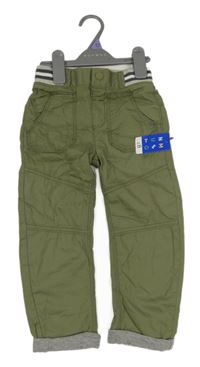 Nové - khaki kostkované chino plátěné podšité kalhoty s úpletovým pasem NUTMEG