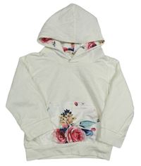 Bílá mikina s kapsou s růžemi a kapucí