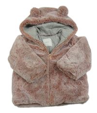Starorůžová kožešinová zateplená bunda s kapucí s oušky zn. Next