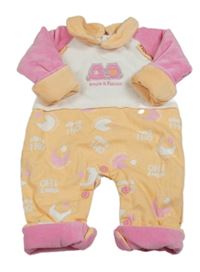 Světleoranžovo-bílo-růžová bavlněno/sametová zateplená kombinéza s medvídky a límečkem Flocon