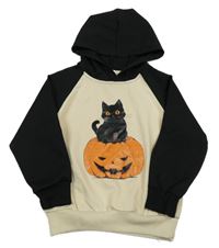 Světlebéžovo-černá mikina s dýní a kočičkou a kapucí 