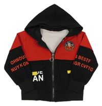 Červeno-černá propínací mikina s nápisy a kapucí 