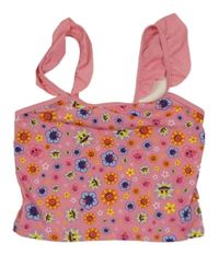 Růžový UV plavkový top s kytičkami/smajlíky a volánky emoji