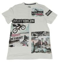 Bílé tričko s kolem a městem a nápisy C&A