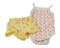 2Set - Žluté melírované kraťasy s Minnie a volánky + bílé košilkové body s růžovými hvězdicemi OBaïBi